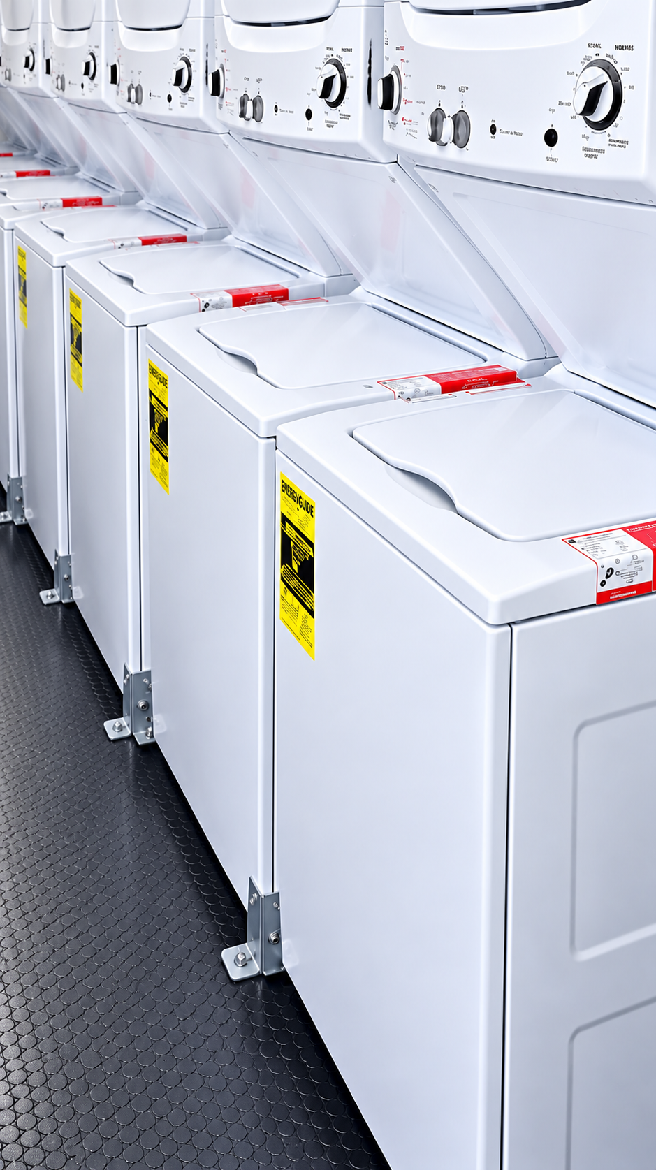 Commercial washing machines inside a 24 ft mobile laundry trailer